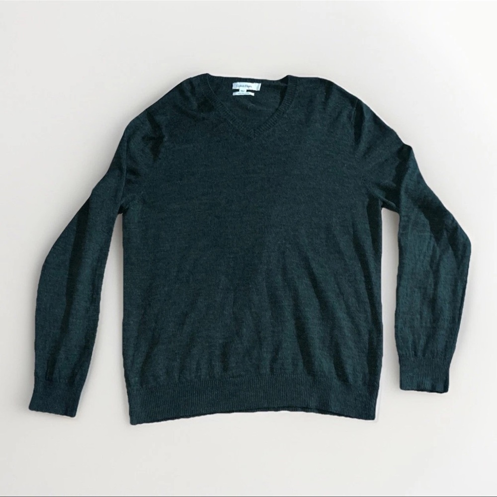 Calvin Klein Large Green Extra Fine Merino Wool Knit Business Casual Sweater